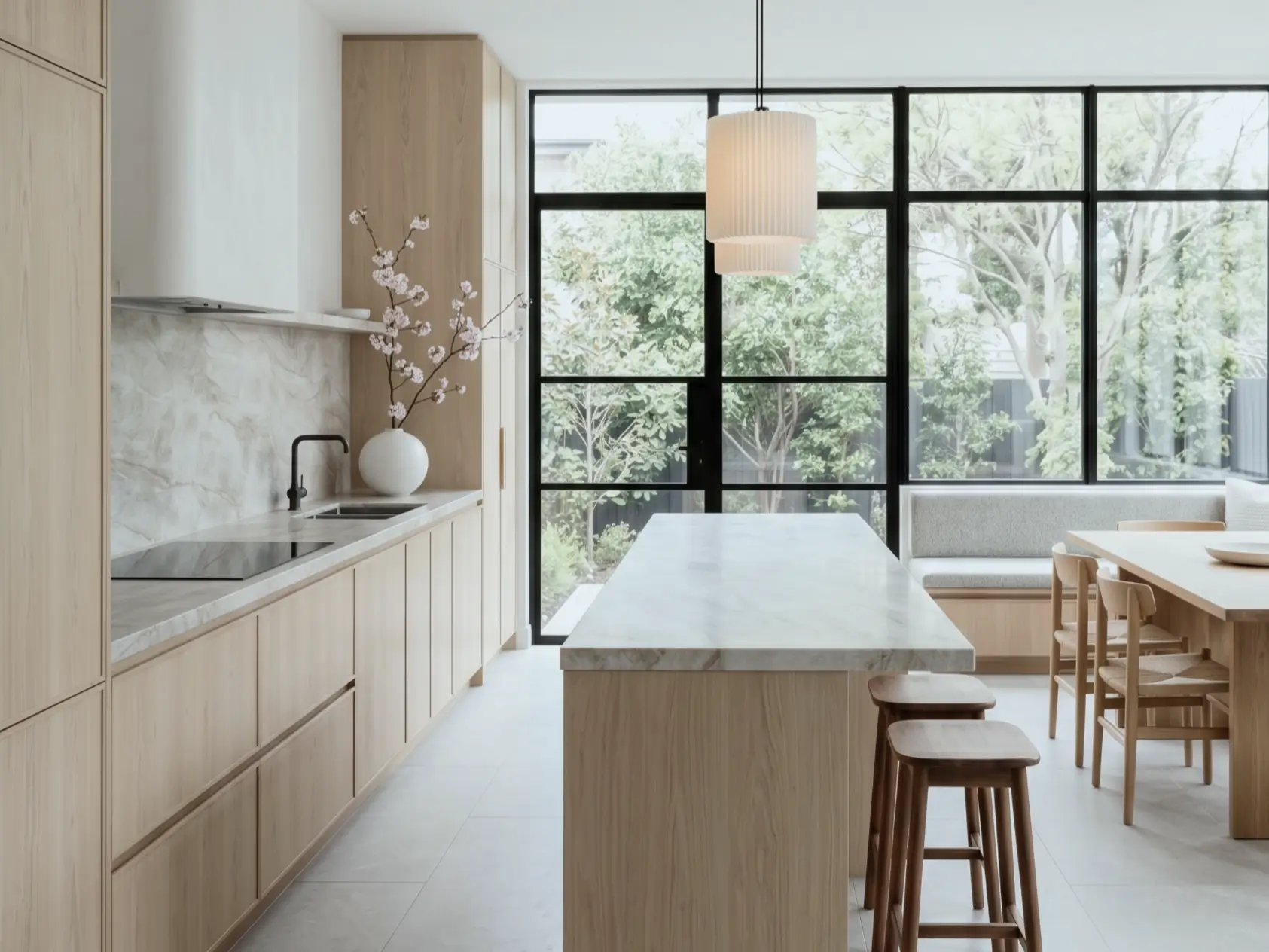 Japandi kitchen with pale oak cabinets, a marble island, black-framed garden windows, and a banquette dining nook