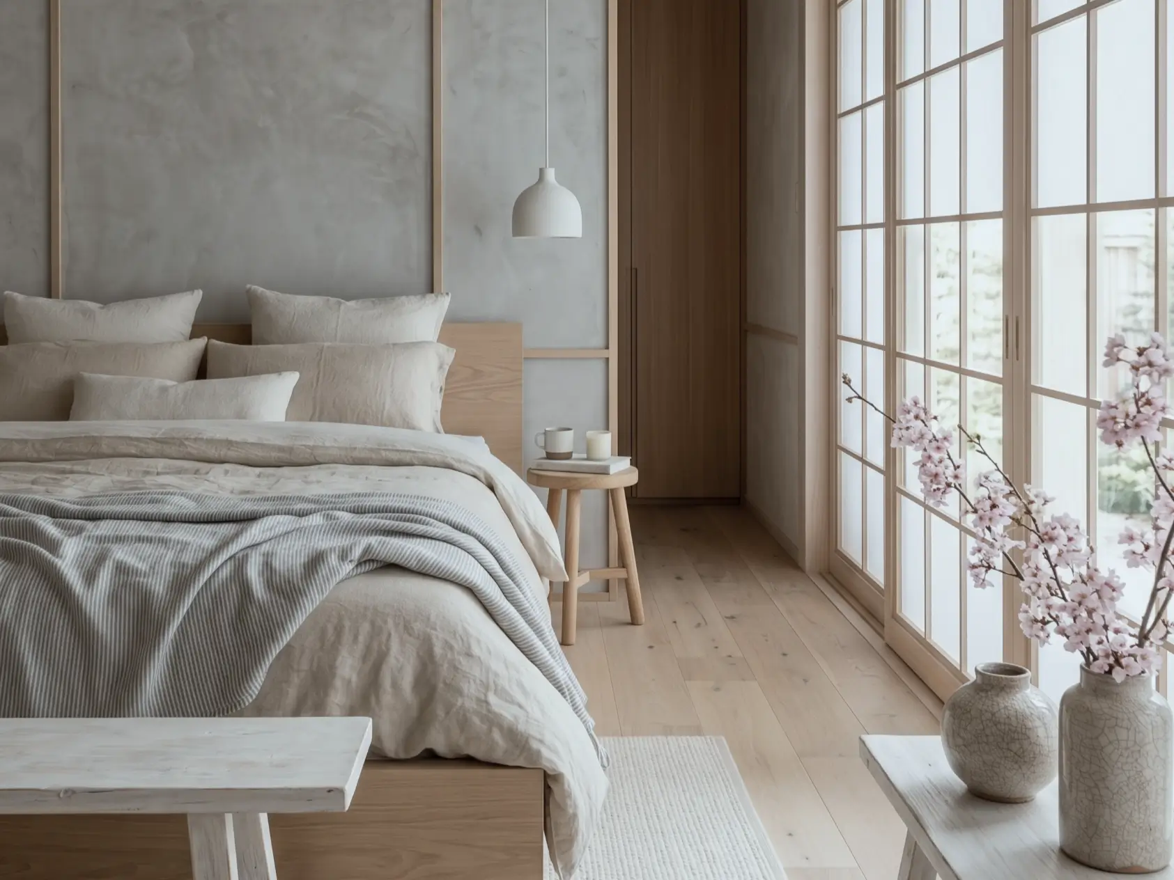 Japandi style bedroom with oak headboard, layered linen bedding, shoji screen windows, and cherry blossom branches