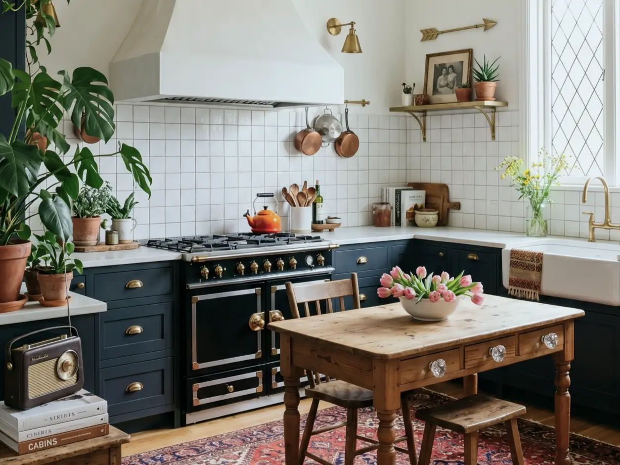 Victorian kitchen design with navy blue cabinets, black and brass range cooker, plaster hood, leaded diamond window, copper pans, and farmhouse sink