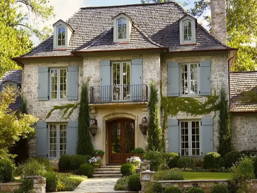 French Country House Style stone home with blue louvered shutters, arched wood door, iron balcony, and a steep dormered roof