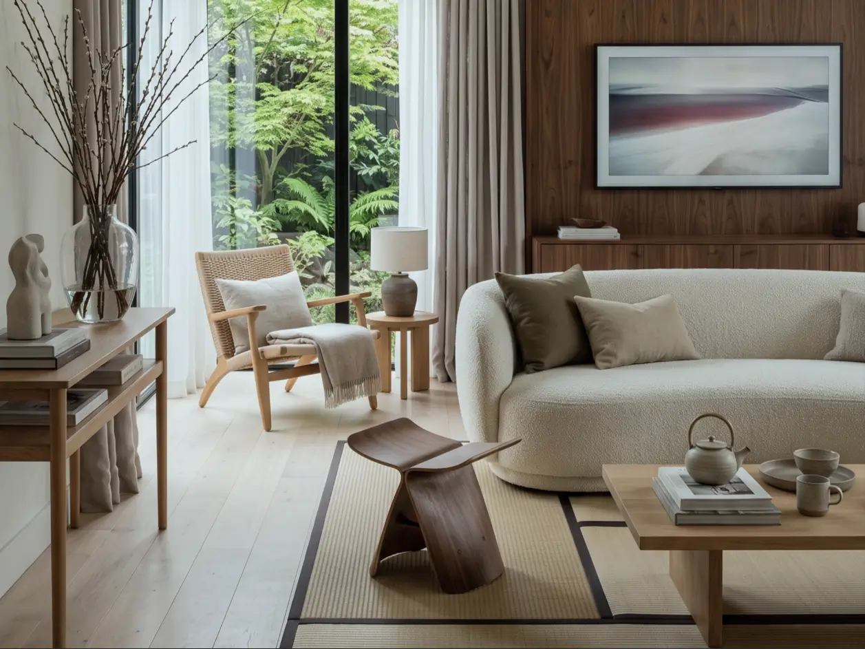 Japandi style living room with a curved bouclé sofa, walnut TV wall, woven lounge chair, and butterfly stool